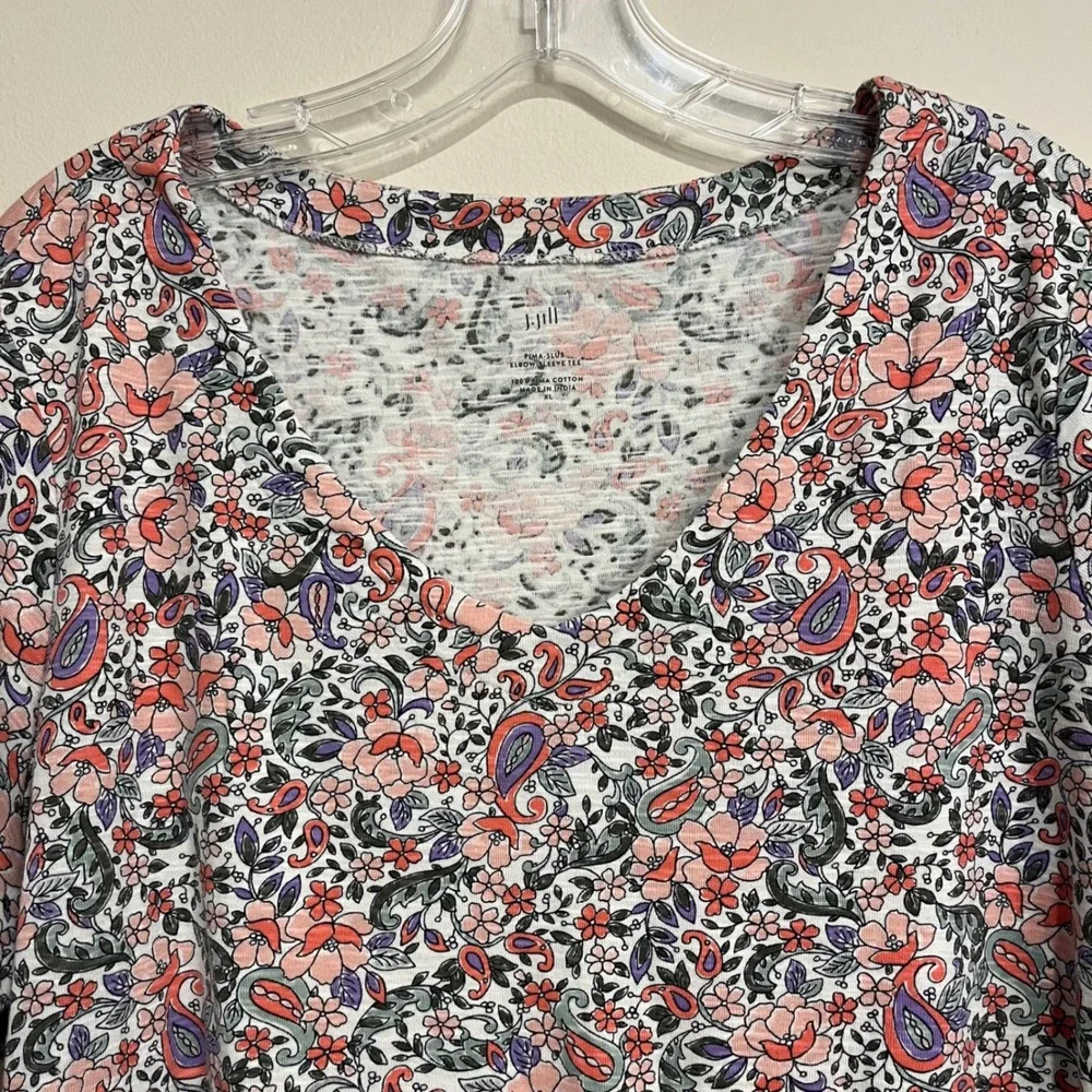 J. Jill Top Pima Slub Elbow Sleeve Tee Shirt V Neck Floral Paisley Pink XL - Picture 3 of 5